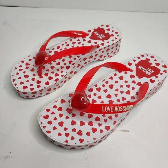 LOVE MOSCHINO Logo Heart Flip-Flop Sandals White Red Womens 37 US